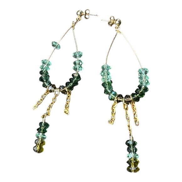 Bohemian Dangle Hoop‎ Earrings – Green & Blue Faceted Beads, Gold-Tone Chains - Picture 1 of 4